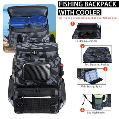 Fishing Backpack with Rod Holder and Tackle Boxes, Cooler, Large 50L Fishing Gear Bag with 139 Fishing Lures Kit, Fish Tool Set, Fish Gifts for Men Woman-Grey Backpack - color: Grey