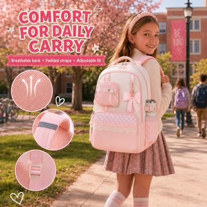 Bluboon Backpack for School Teen Girls Bookbags with Lunch Bag & Pencil Case Aesthetic Water Resistant School Bags for Kids - color: Pink Gingham