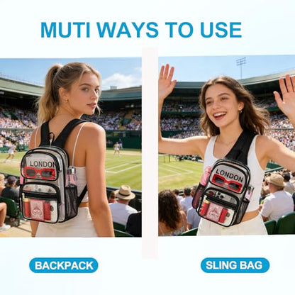 Busiuw Clear Backpack for Stadium Events 3 in 1 Clear Sling Crossbody Bag with Adjustable Reinforced Straps for Sports Fan, Concert Festivals and Games (Black)