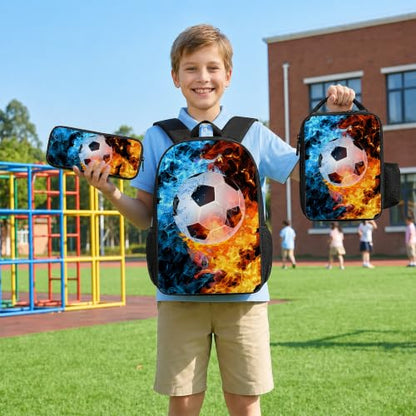 Soccer Backpack Set for School,17 Inch Casual School Bags with Lunch Box, Kids Daypack Bags and Pencil Case Set for Teens Boys Men Students - color: Ice&fire-soccer
