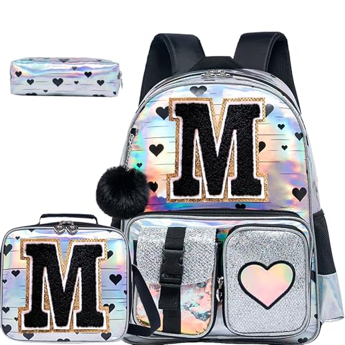 HTgroce Backpacks for Girls School Bag Kids Black Bookbag for Elementary Students Kids Backpack with Lunch Box and Pencil Case - color: Silver, style: M