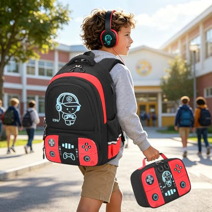 Bevalsa Backpack for School Boys,Cool Luminous Gamer Boys Backpacks with Wired Headphones Lunch Box Pencil Case,Kids Schoolbag for Teens Kindergarten Elementary School(Red Backpack with Headphones) - color: Red, style: Backpack With Headphones