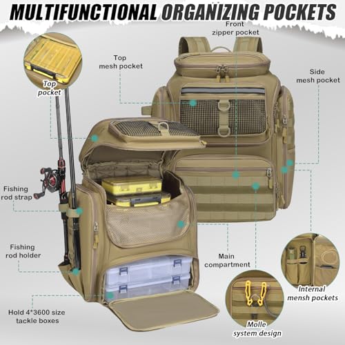 HAMBOLY Fishing Backpack 45L with Rod Holders, Water-Resistant Tackle Backpack for Fishermen, Large Capacity Fishing Gear Bag for Travel Hiking Camping - color: Brown (4 Tackle Boxes Included)