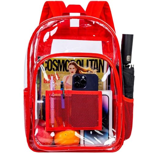 gxtvo Clear Backpack, Heavy Duty Transparent Bookbag, See Through Backpacks for Women Men | Heavy Duty - color: Red