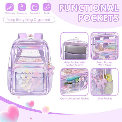 MOONBABY Clear Backpack for School Girls, Heavy Duty TPU Transparent Backpack Stadium Events Approved, Clear Bookbag - color: Purple
