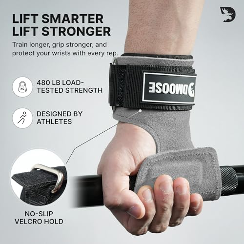 DMoose Fitness Weight Lifting Hooks (Pair) for Deadlifts, Pull Ups, Rows & Shrugs - Anti-Rip Nylon Strap Hand Grips with Thick Wrist Padding - Heavy Duty Wrist Straps for Weightlifting & Gym Workouts - color: Gray Lifting Grip