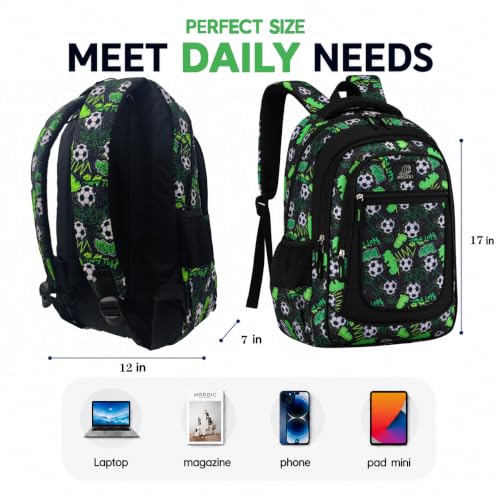 MYGOO Boys School Backpack Vineyard Soccer Green Bookbag for Elementary Middle School Ages 5-12, 17 inch Large Capacity 24L Kids Student Travel Bags - color: Vineyard Soccer Green
