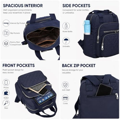 Small Backpack for Women Casual Quilted Square Bag Waterproof Multi Pockets Daypack Lightweight Top Handle Satchel - color: Dark Blue