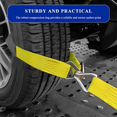 2" × 29" Premium Axle Tie Down Strap with D Rings, Heavy Duty Car Tire Wheel Tie-Down with Protective Sleeve, 6614 Lbs Adjustable Axle Tow Strap for Securing Vehicle Transport (Yellow) - color: Yellow