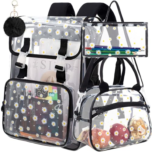 3PCS Clear Backpack, Heavy Duty Transparent Bookbag for Girls Women, Stadium Approved See Through Backpack with Lunch Box (Black Daisy) - color: Black Daisy