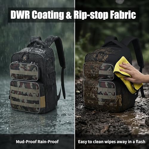35L Tactical Fishing Backpack, Waterproof Tackle Backpack with 2 Rod Holders and 50+UV Protection Arm Sleeves,2LB Lightweight Fishing Bag, Daypack for Hiking, Hunting, Camping - color: Black Camouflage, style: With Arm Sleeves