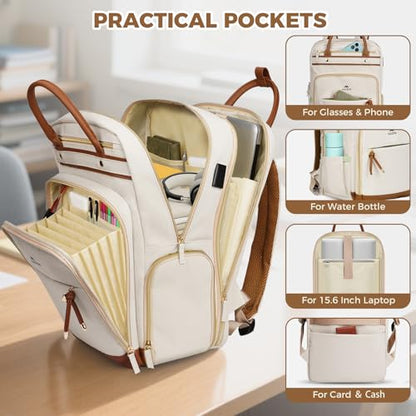 MATEIN Teacher Backpack with Lunch Compartment Detachable, 15.6 Inch Laptop Backpack with Organized Pocket, College Computer Work Backpacks Meal Prep Bag Gift for Women Nurse Commute Office - color: Beige