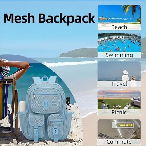 Mesh Backpack for Girls Boys, Women Mesh Bookbags Heavy Duty Semi-Transparent School Bag Net Back Pack for Travel, Beach, Swimming, Work - Baby Blue - color: Baby Blue