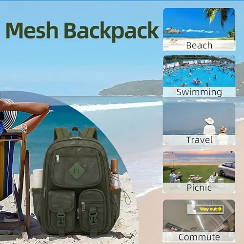 Mesh Backpack for Girls Boys, Women Mesh Bookbags Heavy Duty Semi-Transparent School Bag Net Back Pack for Travel, Beach, Swimming, Work - Army Green - color: Army Green