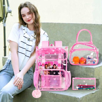3PCS Pink Clear Backpack, Heavy Duty Transparent Bookbag for Girls Women, Stadium Approved See Through Backpack Set (Pink Love) - color: Pink Love
