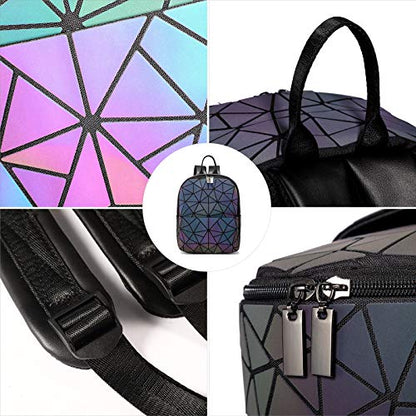 LOVEVOOK Geometric Luminous Purses and Handbags for Women Holographic Reflective Crossbody Bag Wallet - color: Mini Backpack + Zipper Wallet