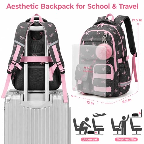 WOBAGMEN Cute Pink Bow Backpack for Teen Girls, Large Capacity Multi-Pocket School Bag Fits 15.6" Laptop, Lightweight Durable Daypack for School and Travel (Pink Bow Polka Dot, M) - color: Pink Bow Polka Dot