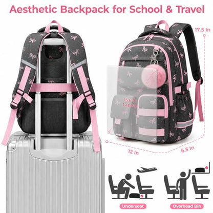 WOBAGMEN Cute Pink Bow Backpack for Teen Girls, Large Capacity Multi-Pocket School Bag Fits 15.6" Laptop, Lightweight Durable Daypack for School and Travel (Pink Bow Polka Dot, M) - color: Pink Bow Polka Dot