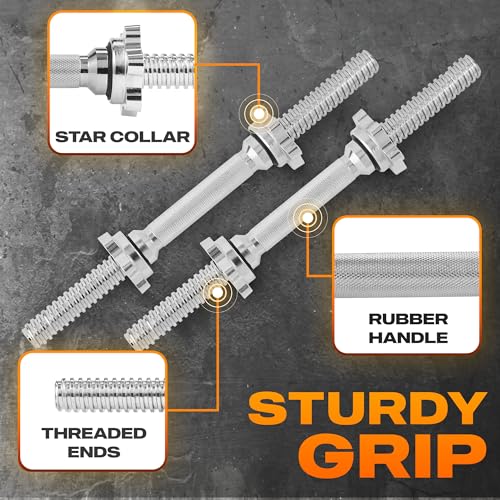 Yes4All Threaded Dumbbell Handles, Adjustable Dumbbell Bar Pair, 14/16/18/24-Inch Sizes, Fits 1" or 1.15" Plates, Non-Slip Grip, Secure Star-Lock Collars - color: 16"- Chrome - Silver, size: 1 inch