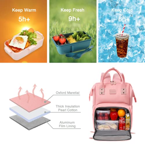 Women's Insulated Laptop Backpack Lunch Cooler Bookbag with USB Port for Women (15.6/14/13 Inch Laptop), Gift For Her - color: Pink-15.6inch