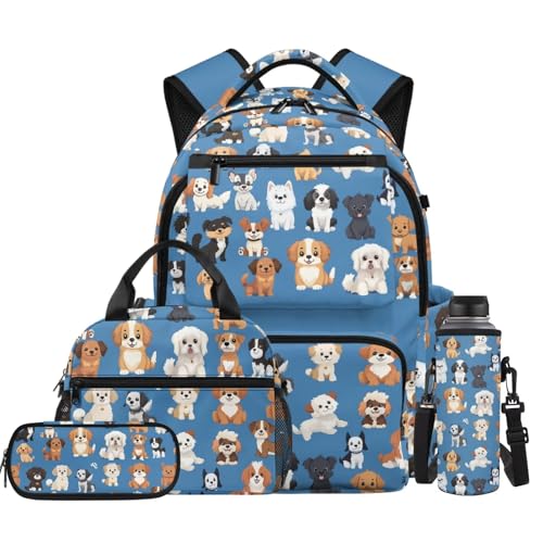 Dog Pattern School Backpack with Lunch Bag for Kids Girls Backpacks Ages 8-10 Lightweight Kids Bookbag for Primary Elementary Back to School Bags with Adjustable Straps Book Bag Set 4 Pieces - color: Dog Pattern