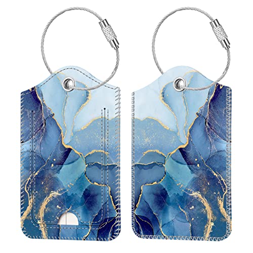 Fintie Luggage Tags, Privacy Cover ID Label with Stainless Steel Loop and Address Card for Travel Bag Suitcase - Ocean Marble (2 Piece) - color: Ocean Marble