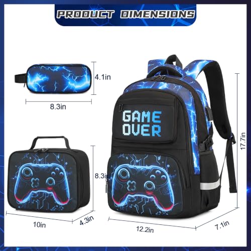 Scothen 3PCS Boys Backpack Set, Cool Backpack for Boys with Lunch Bag & Pencil Case, Kids School Bag Teen Boy Bookbag for Kindergarten Elementary Middle School with USB Charging Port - color: Futuristic Blue Lightning
