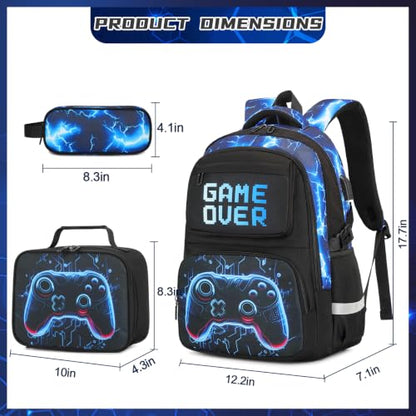 Scothen 3PCS Boys Backpack Set, Cool Backpack for Boys with Lunch Bag & Pencil Case, Kids School Bag Teen Boy Bookbag for Kindergarten Elementary Middle School with USB Charging Port - color: Futuristic Blue Lightning