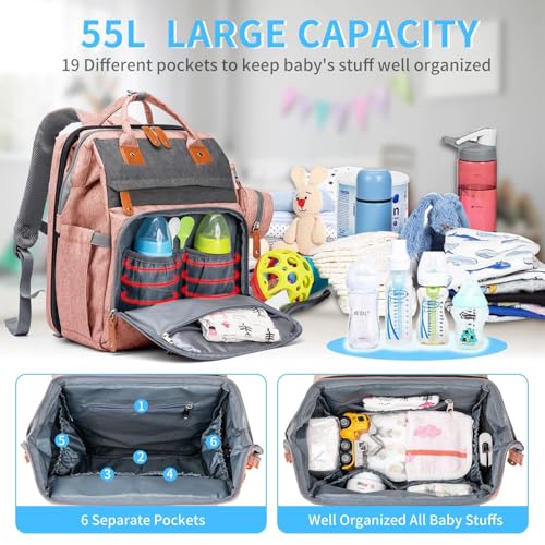 KABAQOO Diaper Bag Backpack with Detachable Changing Station, Large Capacity Baby Diaper Bags for Boys & Girls, Baby Registry Search Stuff & Shower Gifts, Newborn Essentials Must Haves, Pink Grey - color: Pink Grey