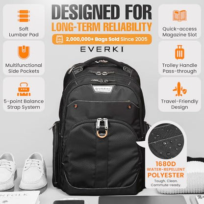 EVERKI Atlas Business 32L Laptop Backpack – Travel-Friendly Business & Office, Professional Backpack for Men & Women, Durable Computer Bag with Adjustable Padded Compartment, Fits 13"-17.3", Black - size: 32 Liters