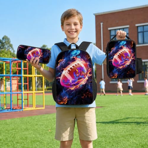 Football Backpack Set for School,17 Inch Casual School Bags with Lunch Box, Kids Daypack Bags and Pencil Case Set for Teens Boys Men Students - color: Football