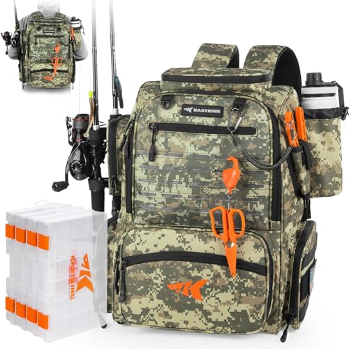 KastKing Bait Boss Fishing Tackle Backpack with Rod Holders-4 Tackle Boxes-Rain Cover,Storage for Fishing Gear - color: D: Dark Green Camouflage