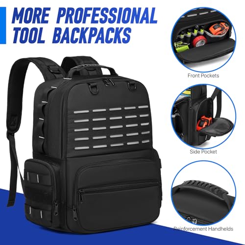 Tool Backpack,Heavy Duty Tool Bags for Men,Tool Storage Organizer Bag With 3 Tool Pouches for Electrician/Industrial/Construction/Tactical/Hvac Techs/Repairman Work
