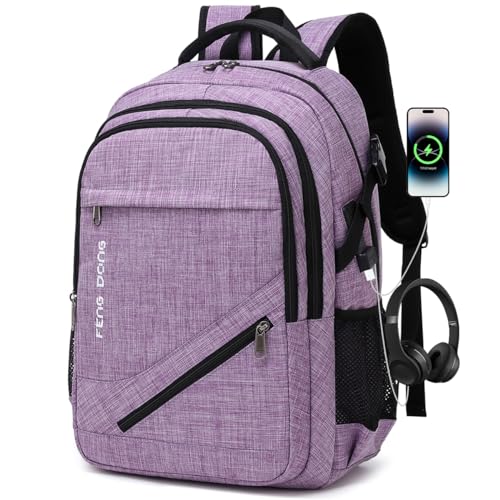 FENGDONG Large Laptop Backpack 17.3 inch Durable Waterproof Travel College Backpack Bookbag for Men & Women Business Backpack with USB Charging Port and Headset Port Light Purple - color: A2-light Purple