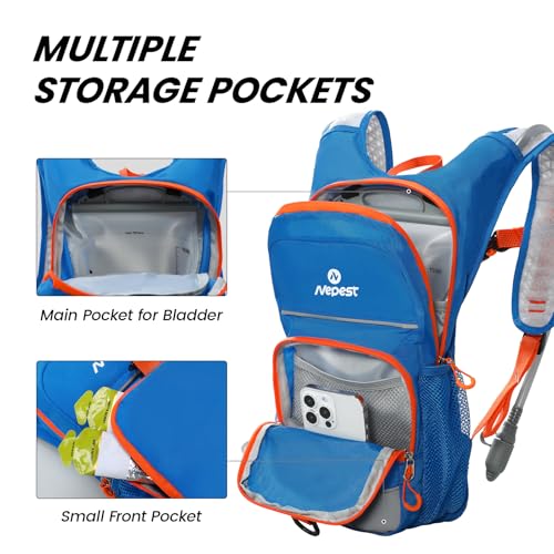 Nepest Kids Hydration Backpack, Mini Water Backpack with 1.5L Water Bladder for Hiking Cycling Running - color: Blue