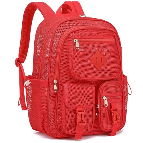 Mesh Backpack for Girls Boys, Heavy Duty Semi-Transparent Mesh Bookbag Womens Mens Mesh Backpacks for School, Sports, Beach, Swimming, Travel - Red - color: Red