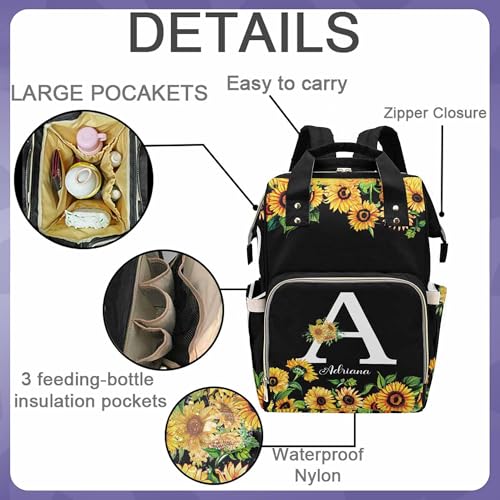 Newcos Personalized Lovely Sunflowers with Initial Letter Diaper Backpack with Custom Name Shoulder Mommy Baby Bag, One Size - color: Mul 01