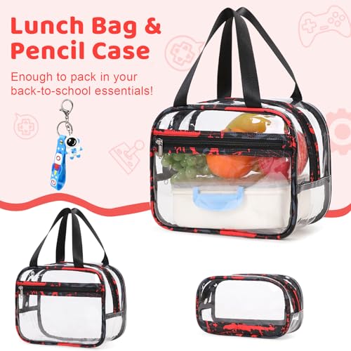 ACESAK Clear Backpack for Boys - 3 Pcs Clear Backpack Heavy Duty with Lunch Bag - See Through Bookbag Stadium Approved for Kids Middle High College School Sport Travel (Red) - color: Red