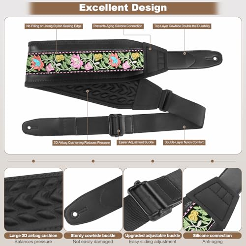 Guitar Straps for Electric Guitar Bass, Jacquard Embroidery Guitar Strap, 3" Wide Padded Straps with 3D Sponge Filling, Comes with 4 Picks + 2 Strap Locks + 1 Headstock Tie + 1 Tie Rope, Pink - color: Pink Embroidery