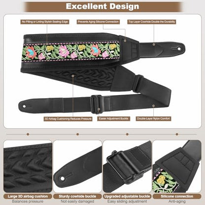 Guitar Straps for Electric Guitar Bass, Jacquard Embroidery Guitar Strap, 3" Wide Padded Straps with 3D Sponge Filling, Comes with 4 Picks + 2 Strap Locks + 1 Headstock Tie + 1 Tie Rope, Pink - color: Pink Embroidery