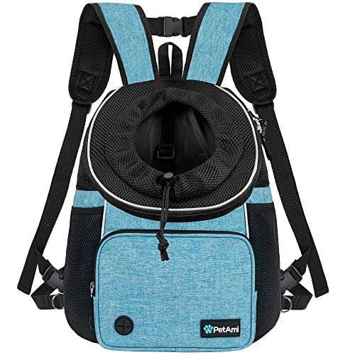 PetAmi Adjustable Cat & Dog Chest Carrier Backpack, Ventilated for Hiking & Camping, Max 15 lbs, Teal Blue - color: Teal Blue, size: Large (15.5x9x18)