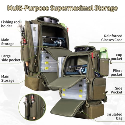 BLISSWILL Large Fishing Backpack with Cooler for 3 Tackle Boxes - Fishing Bag with Rod Holders for Camping and Hiking - color: Army Green