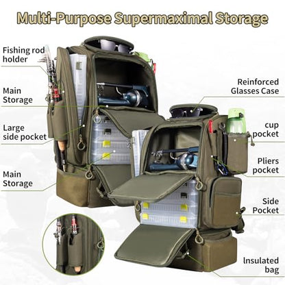 BLISSWILL Large Fishing Backpack with Cooler for 3 Tackle Boxes - Fishing Bag with Rod Holders for Camping and Hiking - color: Army Green