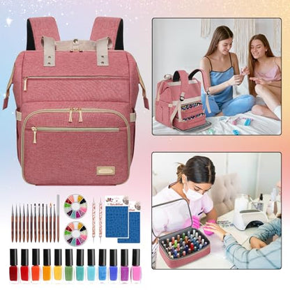 LTINVECK Nail Polish Organizer Case Backpack Holds 70 Bottles (15ml/0.5fl.oz)& Nail Lamp, 2 Layers Detachable Nail Kit Storage Case, Large Travel Nail Supplies Shoulder Bag for Manicure Tools (Pink) - color: Pink