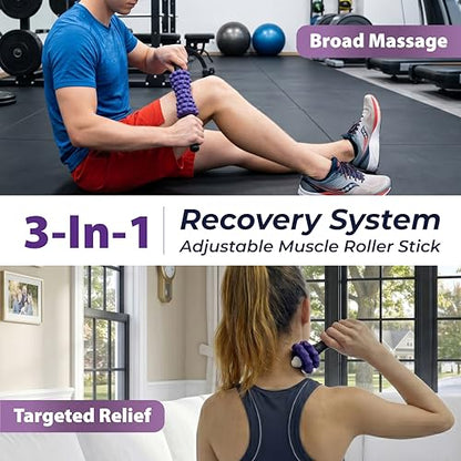ONIPAX 3-in-1 Muscle Roller Stick, Manual Massage Tool with 8 Adjustable Gears & POM Core, Customizable Deep Tissue Relief for Neck, Back, and Calves, Portable Post-Workout Recovery (Purple)