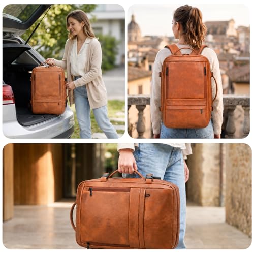 Travel Backpack for Women, PU Leather Carry On Backpack Flight Approved with Laptop Compartment, 40L Expandable Personal Item Travel Bag for Traveling Weekender Business (Brown) - color: Brown