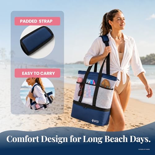 Beach Bag with Cooler Compartment Plus 3 Ice Packs – Keeps Drinks Cold for 6+ Hours – Insulated Beach Tote and Cooler Combo – Stay Organized with Two Bags in One- Perfect for Poolside and Picnics - color: Blue and White