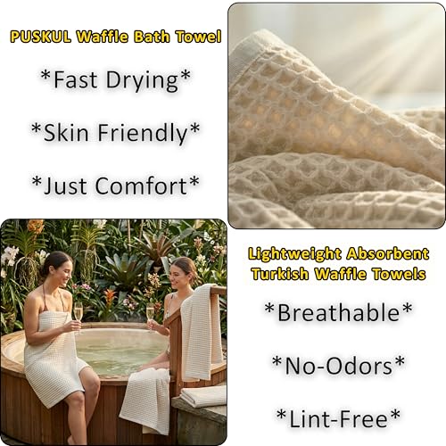 PÜSKÜL Undyed-Raw Waffle Bath Towels Set of 2-Piece | Organic Natural 100% Turkish Cotton Towel | Premium Quality Body Towels for Bathroom & Sauna | 32x63 inch Large Bath Sheet | Earthy Spa Experience - color: Natural Beige
