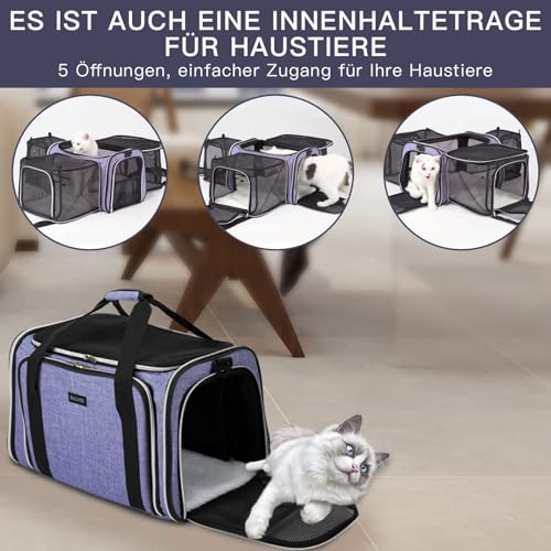 BAGLHER Cat Carrier Bag,Airline Approved Pet Carrier Soft Side Pet Travel 5 Sides Open Doors 3 Sides Expandable Foldable Dog Carrier with Fleece Pad - color: Purple, size: 17.5"L x 12.0"W x 11.5"H