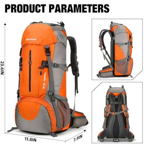 King'sGuard 70L Hiking Backpack with Rain Cover Lightweight Waterproof Travel Camping Backpack Large Backpacking Pack - color: Orange
